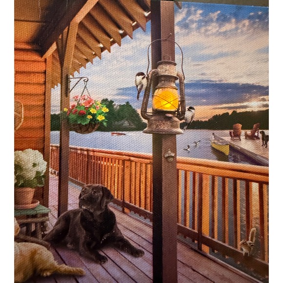 Glow Decor Lighted Lake House Canvas Art Two Dogs on Porch Sunset Scene New - Picture 5 of 7